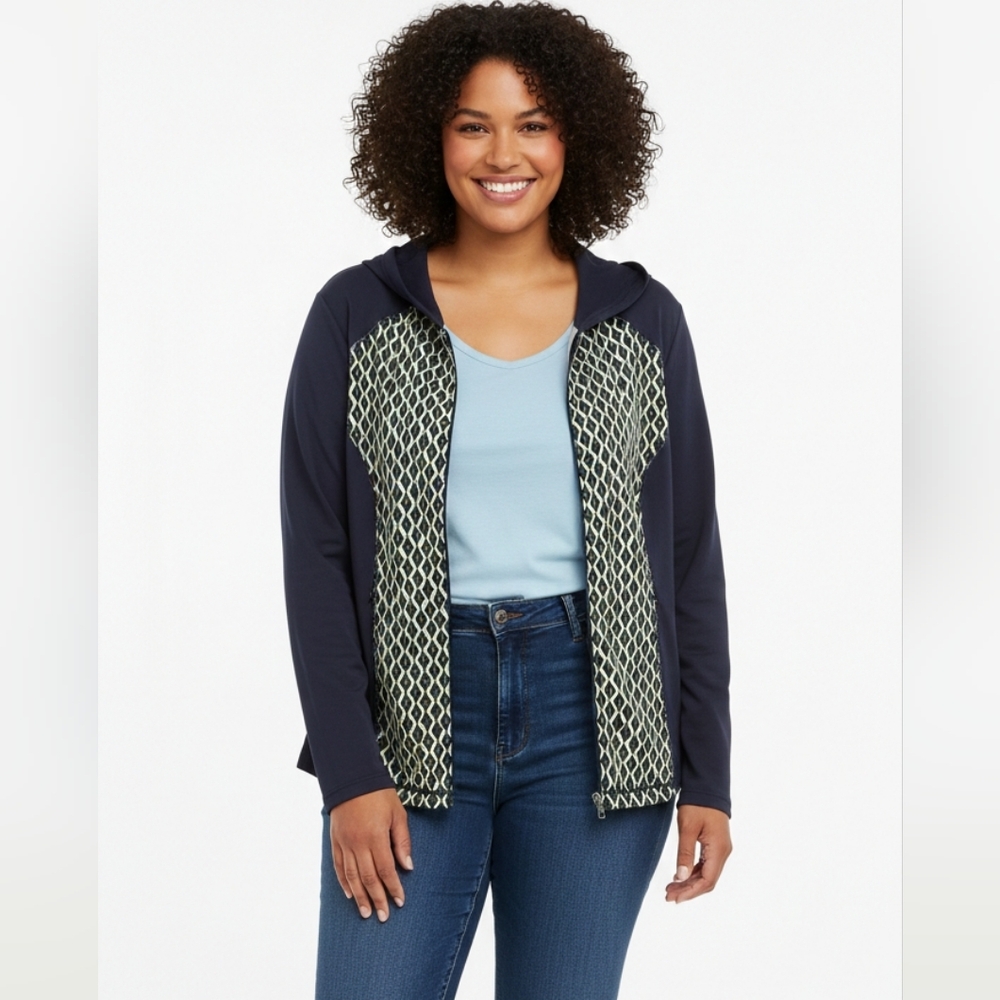 Chico’s Zenergy Hooded Zip Up Jacket White, Navy, Lime Green Geometric Pattern
